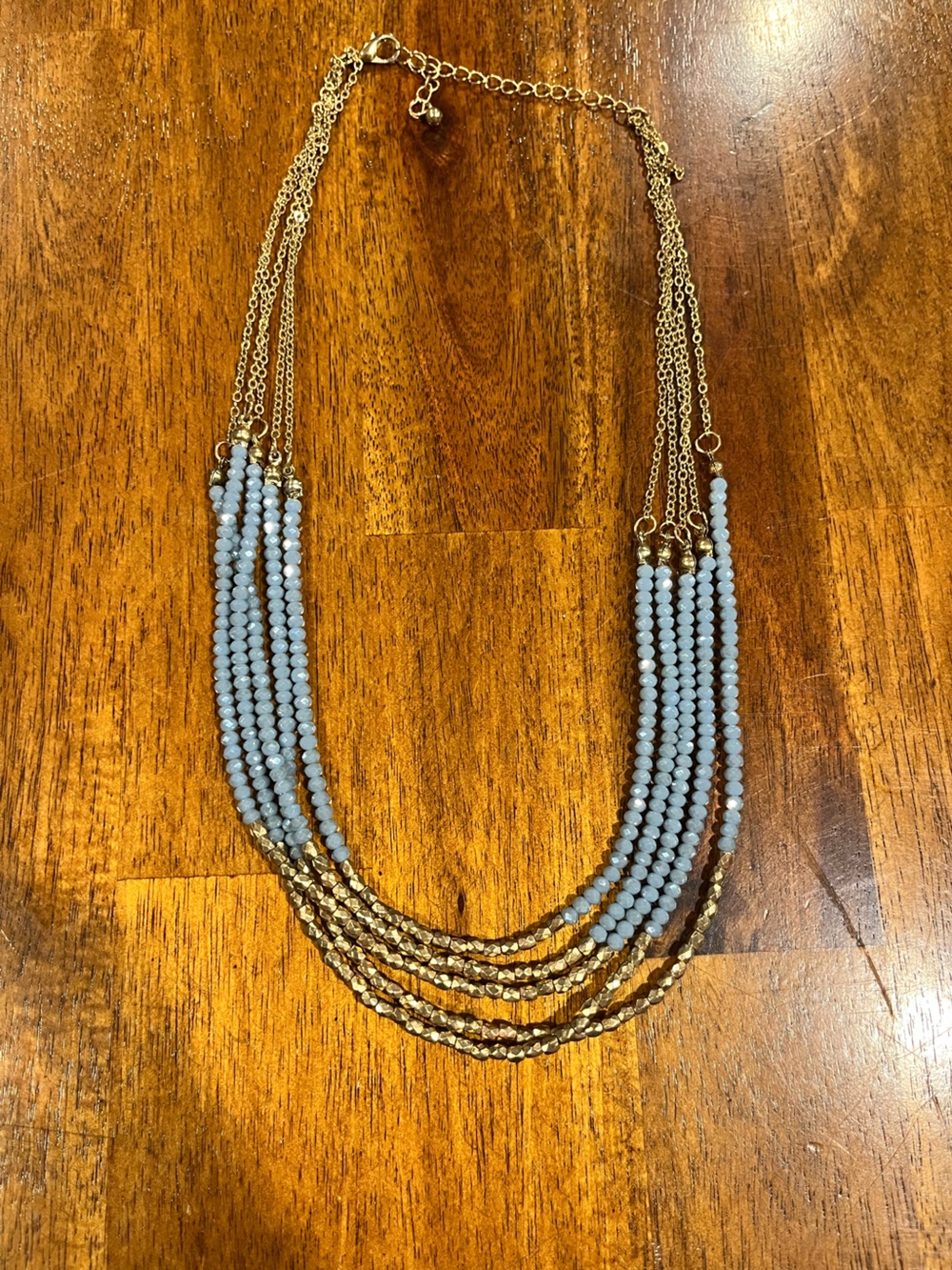 Layered Gold and Light Blue Beaded Necklace